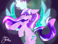 Size: 800x600 | Tagged: safe, artist:junko, character:starlight glimmer, species:alicorn, species:pony, species:unicorn, g4, alicornified, alternate hairstyle, artificial wings, augmented, chest fluff, female, floppy ears, flowing mane, glowing horn, horn, lidded eyes, magic, magic aura, magic wings, mare, no mouth, race swap, rearing, s5 starlight, signature, solo, starlicorn, this will end in communism, wings, xk-class end-of-the-world scenario