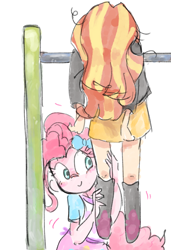Size: 1200x1758 | Tagged: safe, artist:nendo, character:pinkie pie, character:sunset shimmer, g4, my little pony:equestria girls, messy hair, tired