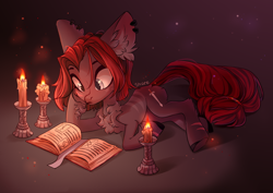 Size: 4093x2894 | Tagged: safe, artist:shore2020, oc, oc only, oc:rune hymn, species:earth pony, species:pony, g4, big ears, book, candle, ear fluff, female, lying down, mare, prone, solo