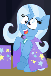 Size: 1400x2069 | Tagged: source needed, safe, artist:puperhamster, character:trixie, species:pony, species:unicorn, g4, cape, clothing, cute, diatrixes, female, mare, sitting, solo, stage, trunk