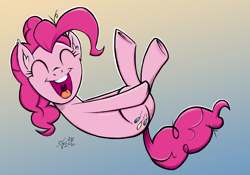 Size: 2916x2036 | Tagged: safe, artist:flutterstormreturns, character:pinkie pie, species:earth pony, species:pony, g4, diving, eyes closed, female, gradient background, high res, mare, open mouth, solo, white outline