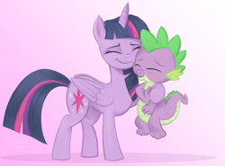 Size: 4180x3100 | Tagged: safe, artist:flutterstormreturns, character:spike, character:twilight sparkle, character:twilight sparkle (alicorn), species:alicorn, species:dragon, species:pony, g4, cute, duo, eyes closed, female, gradient background, high res, hug, male, mare, smiling, spikabetes, spikelove, twiabetes