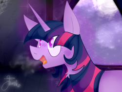 Size: 800x600 | Tagged: safe, artist:junko, character:twilight sparkle, character:twilight sparkle (unicorn), species:pony, species:unicorn, g4, castle, castle of the royal pony sisters, female, gasp, mare, moon, night, night sky, sky, solo, spider, spider web, starry night, stars, visible breath, window