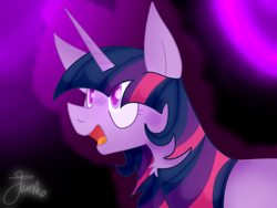Size: 800x600 | Tagged: safe, alternate version, artist:junko, character:twilight sparkle, character:twilight sparkle (unicorn), species:pony, species:unicorn, g4, black background, chest fluff, female, mare, open mouth, signature, simple background, solo