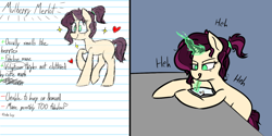 Size: 1240x618 | Tagged: safe, artist:pinkberry, oc, oc only, oc:mulberry merlot, species:pony, species:unicorn, g4, >:p, chuckling, female, freckles, heart, lined paper, magic, mare, parody, pencil drawing, reference sheet, solo, sparkles, tattoo, text, tongue out, traditional art, writing