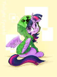 Size: 1160x1580 | Tagged: safe, artist:nendo, character:twilight sparkle, character:twilight sparkle (alicorn), species:alicorn, species:pony, g4, abstract background, aww man, clothing, costume, creeper, cute, female, hoodie, kigurumi, looking at you, mare, minecraft, signature, sitting, smiling, solo, twiabetes, wings