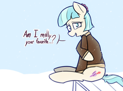 Size: 1706x1271 | Tagged: safe, artist:pinkberry, character:coco pommel, species:earth pony, species:pony, g4, bench, clothing, cold, crying, female, jacket, looking at you, mare, outdoors, snow, snowfall, solo, speech, talking, talking to viewer, tears of joy, text