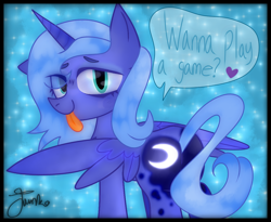 Size: 1100x900 | Tagged: safe, artist:junko, character:princess luna, species:alicorn, species:pony, g4, blep, blue background, butt, cute, dialogue, digital art, eye clipping through hair, eye shimmer, female, floppy ears, glowing cutie mark, heart, implied gamer luna, looking at you, looking back, looking back at you, lunabetes, mare, missing accessory, moonbutt, s1 luna, signature, simple background, solo, speech bubble, spread wings, starry background, tongue out, wings