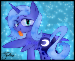 Size: 1100x900 | Tagged: safe, alternate version, artist:junko, character:princess luna, species:alicorn, species:pony, g4, blep, blue background, butt, cute, digital art, eye clipping through hair, eye shimmer, female, floppy ears, glowing cutie mark, looking at you, looking back, looking back at you, lunabetes, mare, missing accessory, moonbutt, s1 luna, signature, simple background, solo, spread wings, starry background, textless version, tongue out, wings
