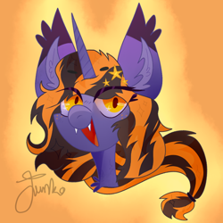 Size: 700x700 | Tagged: safe, artist:junko, artist:vommutt, oc, oc only, oc:hocus pocus, species:bat pony, species:pony, species:unicorn, g4, artfight, big ears, bust, chest fluff, cute, ear fluff, eye clipping through hair, eyelashes, fangs, female, freckles, hairpin, mare, not my oc, orange background, signature, simple background, smiling, solo, wingding eyes