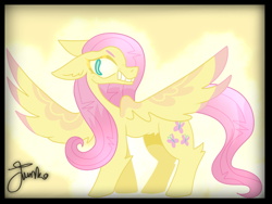 Size: 800x600 | Tagged: safe, artist:junko, character:fluttershy, species:pegasus, species:pony, g4, big eyes, big wings, evil grin, evil smirk, female, grin, mare, signature, simple background, smiling, smirk, solo, spread wings, wings, yellow background