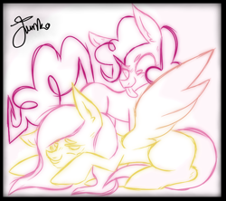 Size: 900x800 | Tagged: safe, artist:junko, character:fluttershy, character:pinkie pie, species:earth pony, species:pegasus, species:pony, g4, duo, ear fluff, female, lying down, mare, signature, simple background, sketch, smiling, spread wings, tongue out, white background, wings