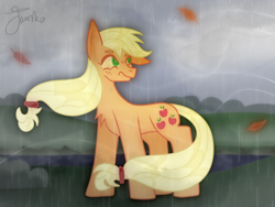 Size: 800x600 | Tagged: safe, artist:junko, character:applejack, species:earth pony, species:pony, g4, chest fluff, female, hatless, leaf, leaves, mare, missing accessory, rain, signature, solo, storm, wet, wind, wind blowing, windswept mane