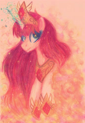 Size: 3392x4904 | Tagged: safe, artist:equmoria, oc, oc:fausticorn, species:alicorn, species:pony, g4, alicorn oc, colored pencil drawing, crown, ethereal mane, happy birthday mlp:fim, horn, jewelry, lauren faust, magic, magic aura, mlp fim's tenth anniversary, regalia, solo, traditional art, watercolor painting, wings