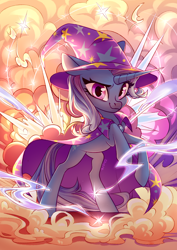 Size: 2894x4093 | Tagged: safe, artist:shore2020, character:trixie, species:pony, species:unicorn, g4, badass, cape, clothing, cool guys don't look at explosions, explosion, female, hat, mare, raised hoof, solo, trixie's cape, trixie's hat