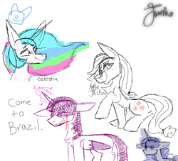 Size: 1100x1000 | Tagged: safe, artist:junko, character:applejack, character:princess celestia, character:princess luna, character:twilight sparkle, species:alicorn, species:earth pony, species:pony, g4, bleeding eyes, blood, colored sketch, come to brazil, creepypasta, crying, ethereal mane, meme, parody, signature, simple background, sketch, sketch dump, tears of blood, white background, you're going to brazil