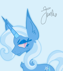 Size: 800x900 | Tagged: safe, artist:junko, character:trixie, species:pony, species:unicorn, g4, blue background, chest fluff, ear fluff, eyelashes, female, looking offscreen, mare, signature, simple background, smiling, smirk, solo