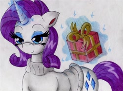 Size: 2912x2168 | Tagged: safe, artist:alcasar-reich, character:rarity, species:pony, species:unicorn, g4, clothing, magic, present, solo, sweater, telekinesis, traditional art