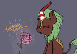 Size: 1779x1260 | Tagged: safe, artist:pinkberry, character:cinder glow, character:summer flare, species:kirin, g4, broken glass, coffee, coffee mug, dead inside, female, glowing horn, horn, magic, mug, regret, solo, spilled drink, steam, thermal shock, tired