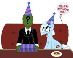 Size: 1572x1258 | Tagged: safe, artist:sketchymouse, oc, oc only, oc:anon, oc:tracy cage, species:human, /mlp/, 4chan, balloon, birthday, clothing, hat, nicolas cage, party hat, present, spaghetti