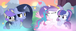 Size: 3338x1380 | Tagged: safe, artist:stellamoonshine, character:princess flurry heart, oc, oc:christia armor, oc:libby heart, oc:luminous moon, oc:stella moonshine, parent:princess cadance, parent:princess luna, parent:shining armor, parent:stygian, parents:shiningcadance, species:pony, g4, female, filly, mare, offspring, older