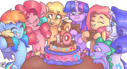 Size: 2550x1400 | Tagged: safe, artist:mannybcadavera, character:applejack, character:fluttershy, character:pinkie pie, character:rainbow dash, character:rarity, character:spike, character:twilight sparkle, species:alicorn, species:earth pony, species:pegasus, species:pony, species:unicorn, g4, cake, celebration, digital art, food, happy birthday mlp:fim, mane seven, mane six, mlp fim's tenth anniversary, simple background, white background