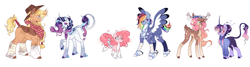 Size: 4100x1100 | Tagged: safe, artist:soundwavepie, artist:xpurplepiex, character:applejack, character:fluttershy, character:pinkie pie, character:rainbow dash, character:rarity, character:twilight sparkle, character:twilight sparkle (unicorn), species:alicorn, species:classical unicorn, species:deer, species:earth pony, species:pegasus, species:pony, species:unicorn, g4, bandana, clothing, cloven hooves, coat markings, colored hooves, cowboy hat, curved horn, deerified, doe, ear piercing, earring, female, flower, flower in hair, flutterdeer, glasses, hat, horn, jewelry, leonine tail, looking at you, mane six, mare, one eye closed, pegasus pinkie pie, piercing, race swap, redesign, scar, simple background, smiling, smol, socks (coat marking), species swap, sweater, tail wrap, unshorn fetlocks, white background, wink