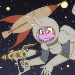 Size: 2000x2000 | Tagged: safe, artist:pony straponi, oc, oc only, oc:nebula eclipse, species:anthro, g4, raygun, rocket, space, space suit, stars