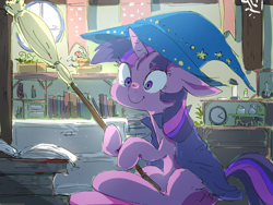 Size: 1600x1200 | Tagged: safe, artist:nendo, character:twilight sparkle, character:twilight sparkle (unicorn), species:pony, species:unicorn, g4, book, broom, cape, clothing, cute, floppy ears, hat, potion, twiabetes, window, witch, witch hat, wizard hat