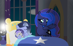 Size: 1940x1208 | Tagged: safe, artist:pony-resource, artist:stellamoonshine, artist:turtlelucy, base used, character:princess luna, oc, oc:luminous moon, oc:stella moonshine, parent:princess luna, parent:stygian, parents:styluna, species:pony, g4, baby, baby pony, bed, female, filly, mother and child, mother and daughter, offspring