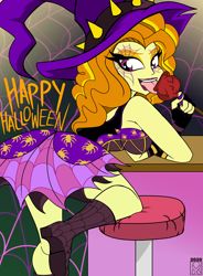 Size: 3780x5142 | Tagged: safe, artist:malevolentsamson, character:adagio dazzle, species:eqg human, g4, my little pony:equestria girls, adagio dat-azzle, barstool, caramel apple (food), clothing, costume, female, halloween, halloween costume, hat, holiday, kneeling, looking at you, looking back, looking back at you, solo, solo female, spider web, tongue out, witch, witch hat