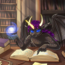 Size: 2000x2000 | Tagged: safe, artist:pony straponi, oc, oc only, oc:ryonez coruscare, species:anthro, species:plantigrade anthro, g4, bat wings, book, bookshelf, commission, crepuscular rays, elf ears, fangs, focused, goo, goo pony, horns, library, magic, membranous wings, original species, pencil, pink hair, ponytail, reading, scowl, solo, table, wings, ych result