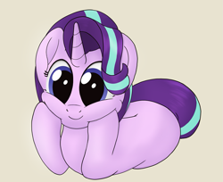 Size: 1011x826 | Tagged: safe, artist:noosa, character:starlight glimmer, species:pony, species:unicorn, g4, beige background, cute, female, glimmerbetes, lying down, mare, simple background, smiling, solo, squishy cheeks