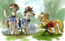 Size: 1600x1000 | Tagged: safe, artist:stupjam, character:applejack, character:flam, character:flim, species:earth pony, species:pony, species:unicorn, g4, brothers, crossover, engiejack, engineer, female, flim flam brothers, male, mare, portal (valve), sentry, sentry gun, stallion, team fortress 2, trio, turret