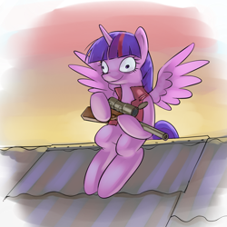 Size: 640x640 | Tagged: safe, artist:stupjam, character:twilight sparkle, character:twilight sparkle (alicorn), species:alicorn, species:pony, crossover, female, gun, hooves, horn, insanity, koth harvest, mare, optical sight, rifle, sitting, smiling, sniper, sniper rifle, solo, spread wings, team fortress 2, thousand yard stare, twilight snapple, twilight sniper, weapon, wings