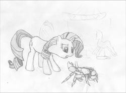 Size: 2604x1925 | Tagged: safe, artist:onsaud, character:rarity, species:crab, species:pony, species:unicorn, mirror, monochrome, ponyquin, rarity fighting a giant crab, sketch