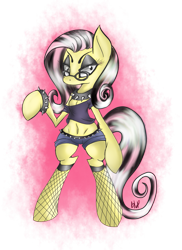 Size: 921x1262 | Tagged: safe, artist:blup-chan, character:fluttershy, species:pegasus, species:pony, belly button, bipedal, bracelet, emo, emoshy, eyeliner, fishnets, glasses, goth, gothic, punk, simple background, spiked wristband, transparent background