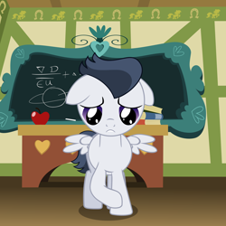 Size: 4000x4000 | Tagged: safe, artist:matty4z, character:rumble, species:pony, apple, chalkboard, classroom, colt, cute, male, math, ponyville schoolhouse, sad, solo, sorry