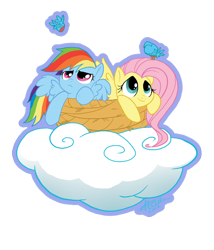 Size: 510x596 | Tagged: safe, artist:dinkelion, character:fluttershy, character:rainbow dash, species:bird, species:pegasus, species:pony, cloud, duo, looking at something, looking up, nest, simple background, transparent background