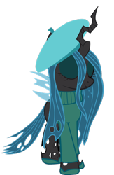 Size: 900x1382 | Tagged: safe, artist:cool77778, character:queen chrysalis, species:changeling, species:pony, becoming popular, beret, clothing, eyes closed, female, hat, mare, shoes, simple background, sweater, transparent background