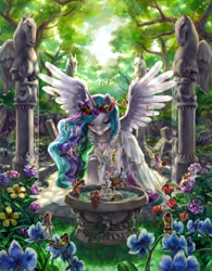 Size: 1680x2155 | Tagged: safe, artist:stupjam, character:princess celestia, species:alicorn, species:pony, beautiful, clothing, detailed, disney, disney fairies, dress, fairies are magic, fairy, fairy wings, flower, fountain, garden, statue, tinkerbell, tree, water, wings