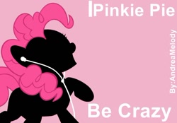Size: 530x369 | Tagged: safe, artist:andreamelody, character:pinkie pie, earbuds, female, ipod, parody, pink background, simple background, solo, text