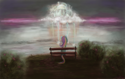Size: 1800x1145 | Tagged: safe, artist:nettrip, character:rainbow dash, bench, cliff, cloudsdale, dark, scenery