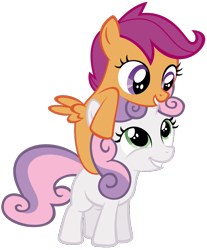 Size: 728x879 | Tagged: safe, artist:lazypixel, artist:thestorm117, character:scootaloo, character:sweetie belle, species:pegasus, species:pony, species:unicorn, clothing, cute, cutealoo, diasweetes, glomp, grin, hat, hug, ponies riding ponies, pony hat, simple background, smiling, squee, transparent background, vector