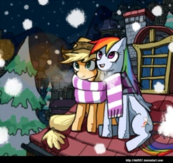Size: 740x699 | Tagged: dead source, safe, artist:lentoto, character:applejack, character:rainbow dash, species:earth pony, species:pegasus, species:pony, ship:appledash, g4, clothing, female, lesbian, mare, night, paint tool sai, rooftop, scarf, shared clothing, shared scarf, shipping, sitting