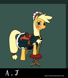 Size: 1000x1142 | Tagged: dead source, safe, artist:lentoto, character:applejack, species:earth pony, species:pony, g4, blushing, clothing, female, maid, mare, paint tool sai, solo, stool