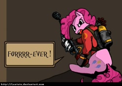 Size: 1530x1070 | Tagged: safe, artist:lentoto, character:pinkie pie, species:earth pony, species:pony, g4, crossover, female, flamethrower, forever, looking at you, looking back, mare, paint tool sai, pinkie pyro, pyro, sitting, solo, team fortress 2, weapon