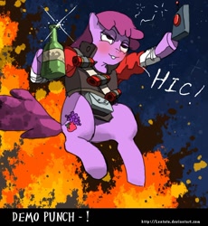 Size: 1000x1085 | Tagged: safe, artist:lentoto, character:berry punch, character:berryshine, species:earth pony, species:pony, g4, alcohol, blushing, crossover, demoman, drunk, explosion, female, mare, paint tool sai, solo, team fortress 2