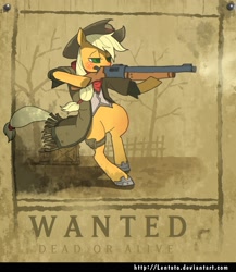 Size: 1552x1784 | Tagged: safe, artist:lentoto, character:applejack, species:earth pony, species:pony, bipedal, clothing, female, gun, mare, paint tool sai, poster, solo, wanted poster, weapon, western, wild west