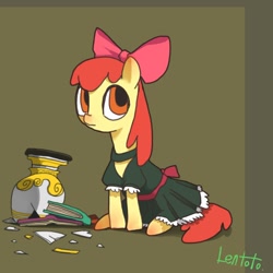 Size: 800x800 | Tagged: safe, artist:lentoto, character:apple bloom, species:earth pony, species:pony, g4, apple bloom's bow, book, bow, broken, broken glass, broken vase, clothing, female, filly, hair bow, maid, paint tool sai, shattered, shattered glass, simple background, sitting, solo, vase